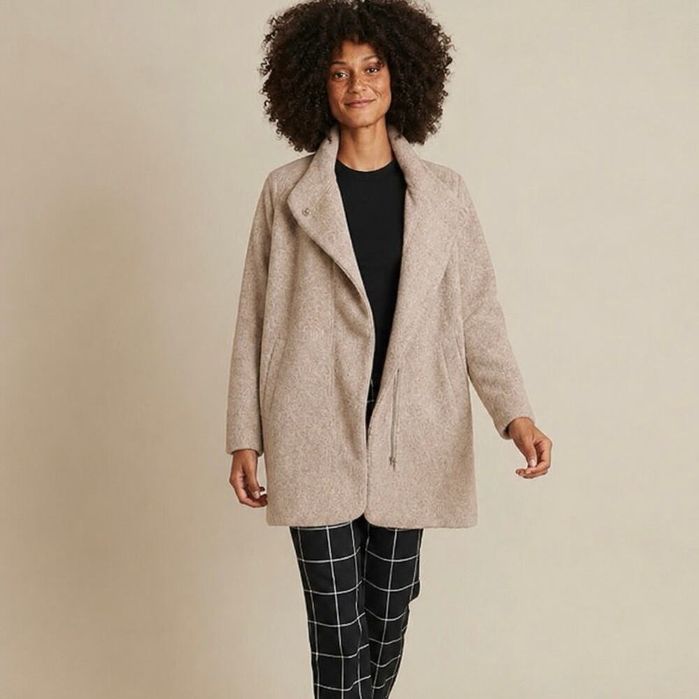 MARINE LAYER Wool Blend Oatmeal Beige Longline Full Zip Funnel Neck Jacket